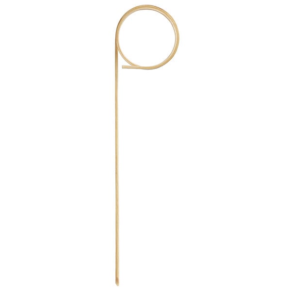 A natural bamboo food pick with a looped top.