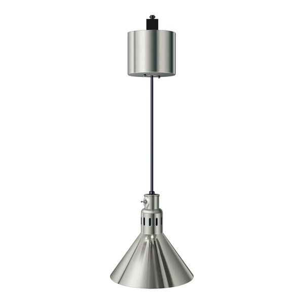A ceiling-mounted retractable cord heat lamp with a bright nickel finish.