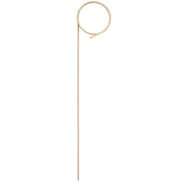 A 4 3/4 inch black bamboo loop food pick or skewer.