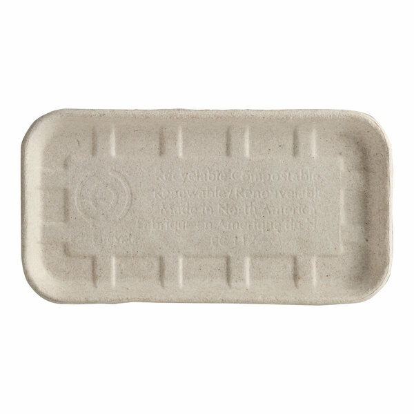 A rectangular fiber meat or produce tray with raised edges.