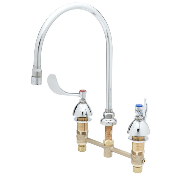 A T&S chrome deck-mount faucet with gooseneck and wrist action handles.