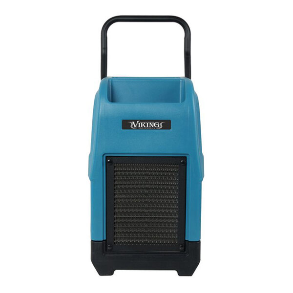 A blue portable commercial dehumidifier with a handle, labeled 'Viking' on the front.