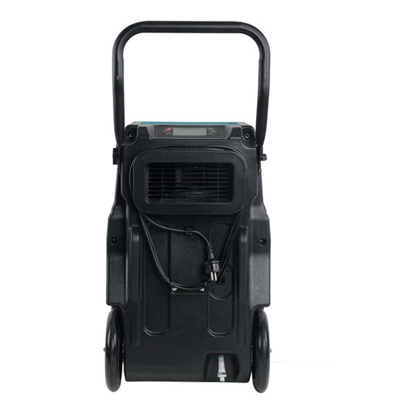 A portable commercial dehumidifier with wheels, a handle, and an automatic purge pump.