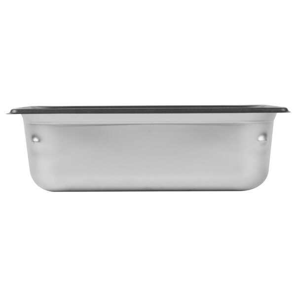 A Vollrath stainless steel steam table pan with black SteelCoat x3 Non-Stick coating.