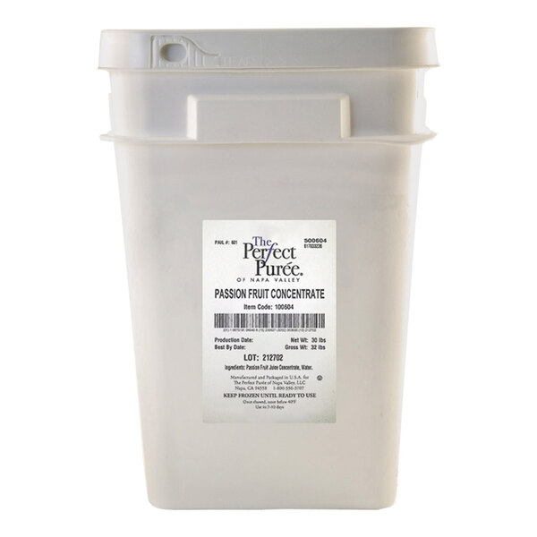 A large white plastic container of Perfect Puree Passion Fruit Concentrate weighing 30 pounds.