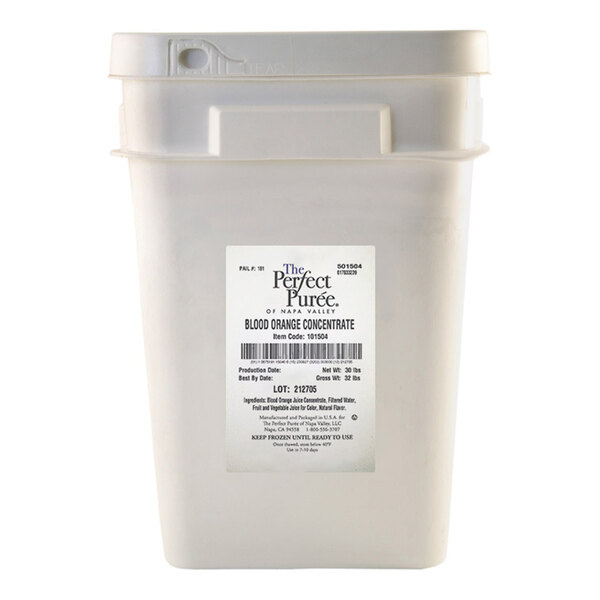 A large white plastic container of Perfect Puree Blood Orange Concentrate weighing 30 pounds.