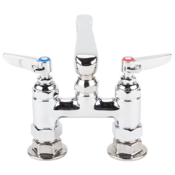 A T&S chrome deck-mount faucet with two handles and two faucets.