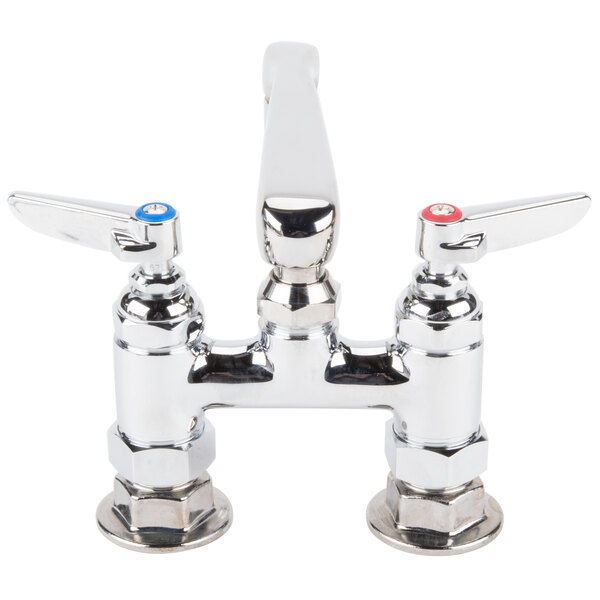 A T&S chrome deck mount faucet with two handles and two faucets.