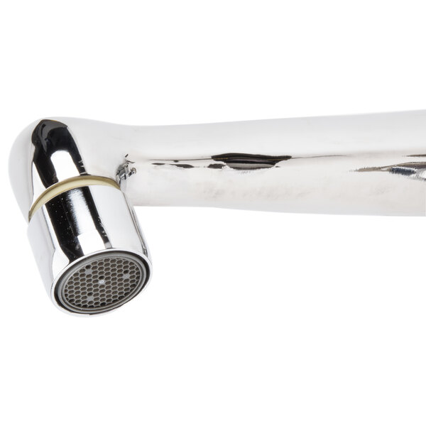 A close-up of a T&S chrome deck mount faucet with metal handles.