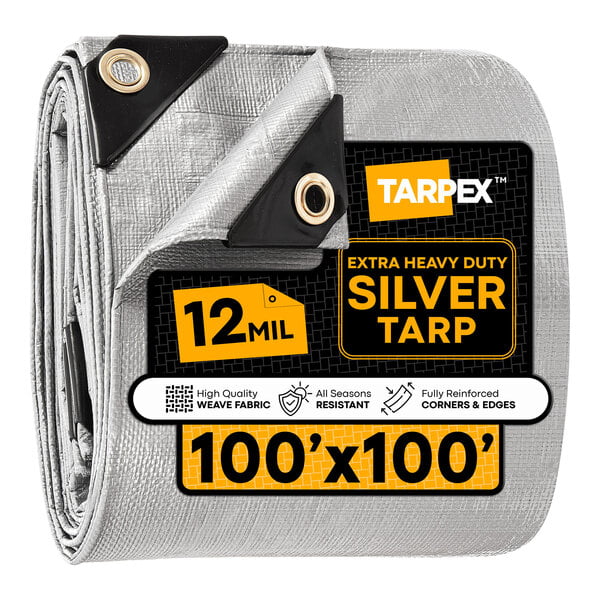 A large, silver, extra heavy-duty polyethylene tarp measuring 100 feet by 100 feet with reinforced corners and edges.