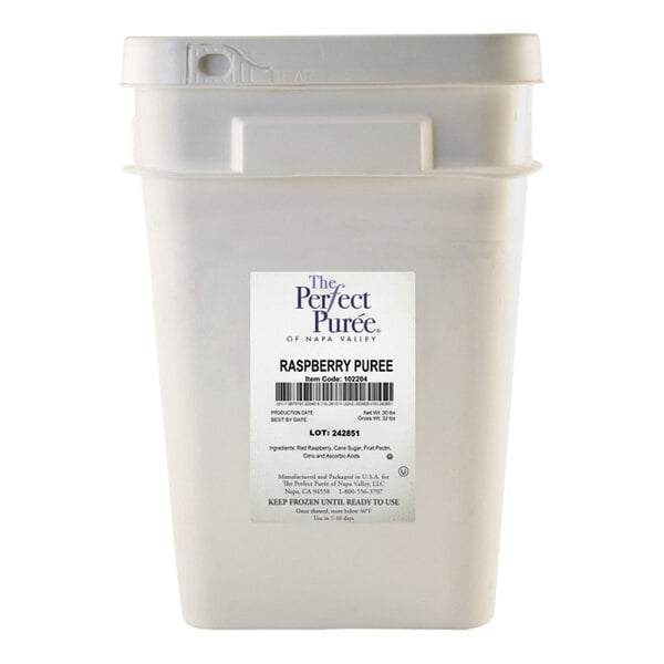 A large plastic container of Perfect Puree Red Raspberry Puree weighing 30 pounds.