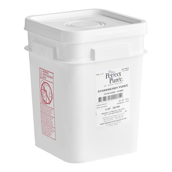 A large white plastic container of Perfect Puree Strawberry Puree weighing 30 pounds.