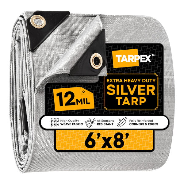 A folded silver extra heavy-duty polyethylene tarp measuring 6 feet by 8 feet with reinforced corners and grommets.