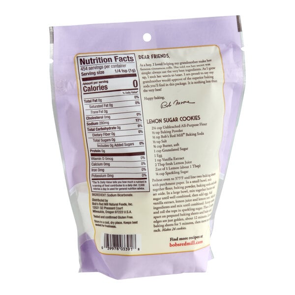 A 16 oz. bag of Bob's Red Mill Baking Soda with nutrition facts and a recipe on the back.