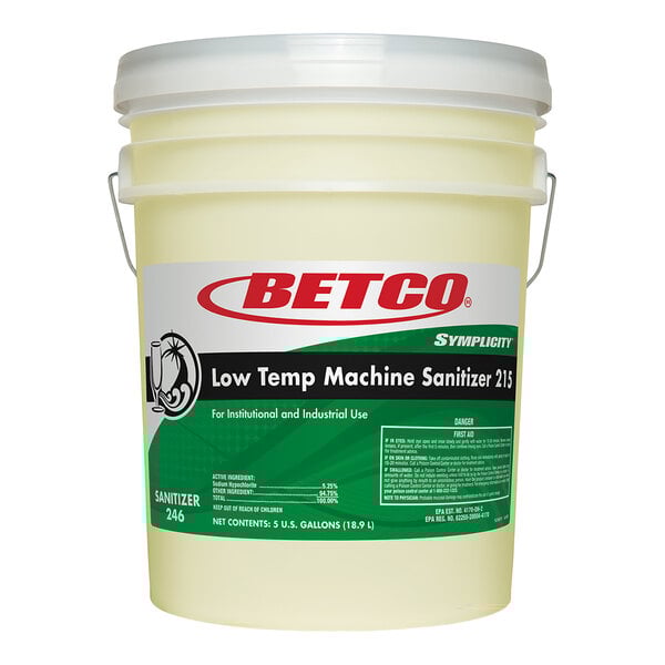 A 5-gallon pail of Betco Symplicity Low Temp Machine Sanitizer 215 for institutional and industrial dishwashing use.