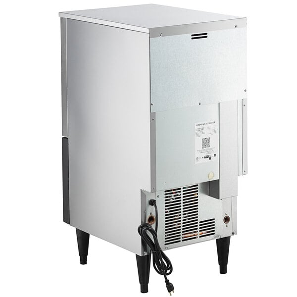 A stainless steel undercounter ice machine with built-in storage bin and rear ventilation panel.