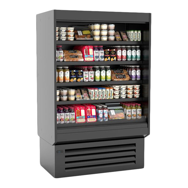 A black vertical open air curtain merchandiser with solid ends, stocked with various refrigerated food and beverage items.