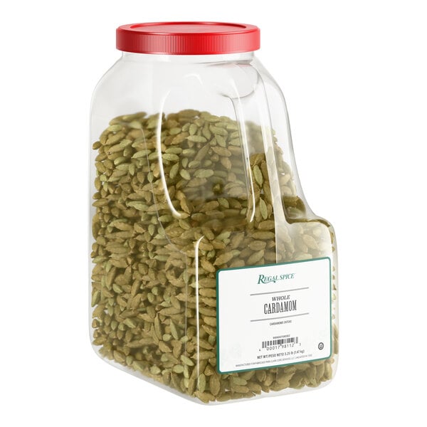 A large plastic container of Regal whole cardamom with a red lid.