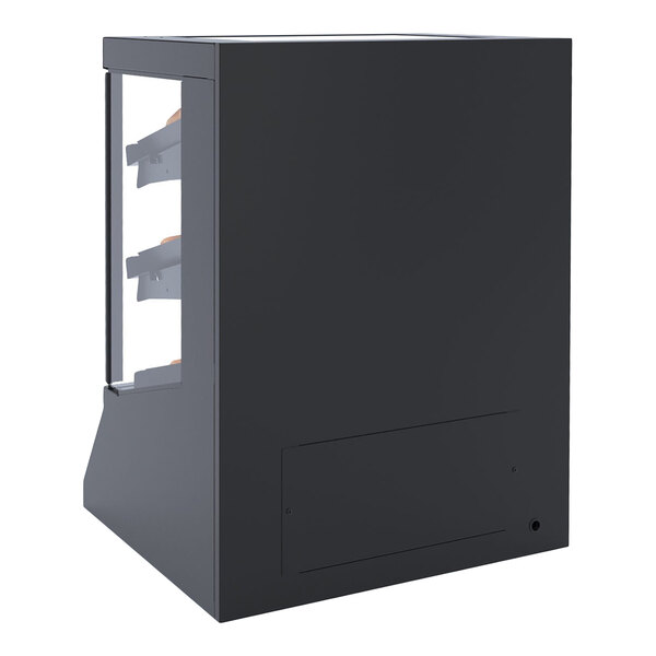 A black self-service countertop bakery display case with glass side panels and interior shelves.
