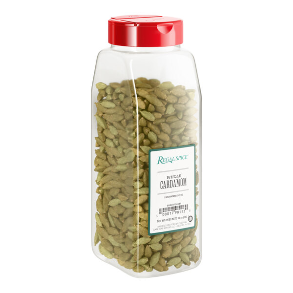 A large plastic container of Regal whole cardamom with a red lid.