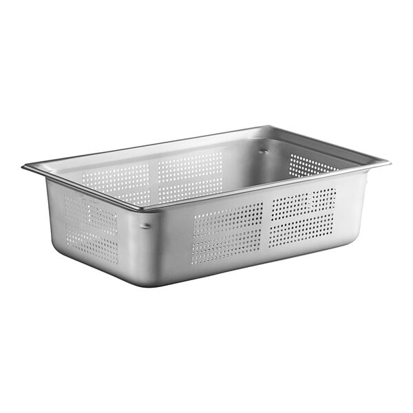 A Vollrath stainless steel steam table pan with holes in it.