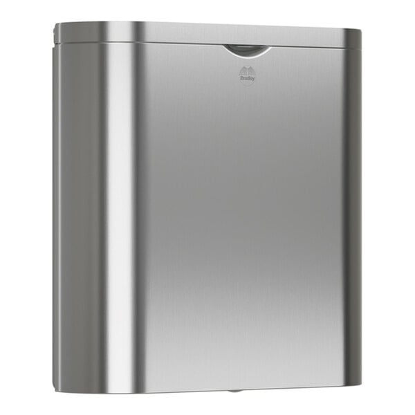 A stainless steel surface-mounted sanitary napkin receptacle with a 1.5 gallon capacity.