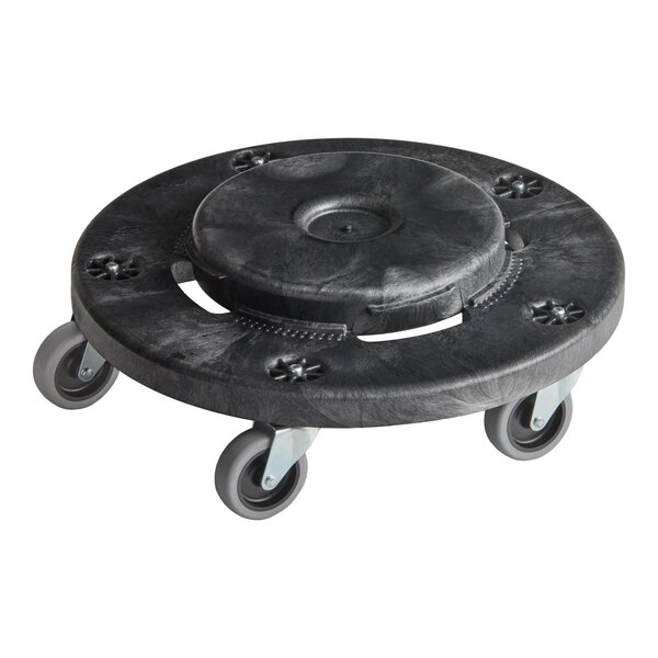 A black round trash can dolly with four swivel caster wheels designed for easy mobility.