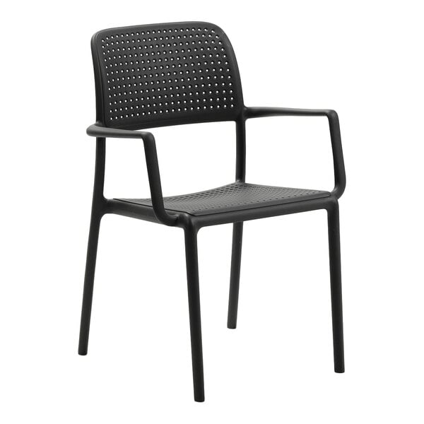 A black resin outdoor armchair with a perforated back and seat design.