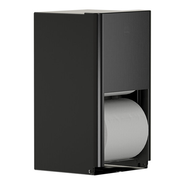 A black stainless steel surface-mounted multi-roll toilet tissue dispenser.