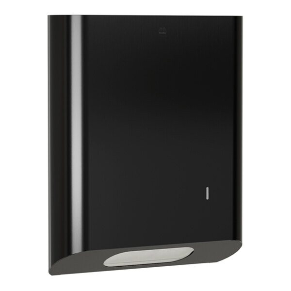 A black stainless steel surface-mounted paper towel dispenser designed for C-fold or multifold towels with large capacity.