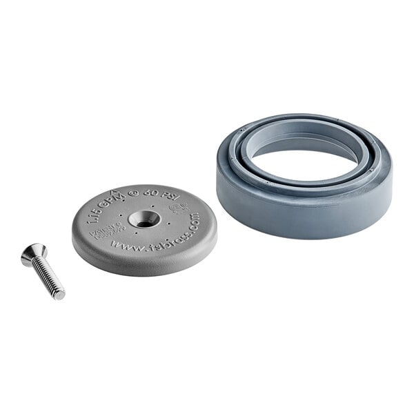 A grey round rubber seal with a hole in the middle and a screw.