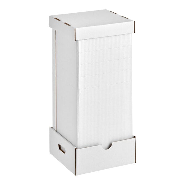A tall, white, adjustable cardboard bakery box designed for cakes or baked goods.