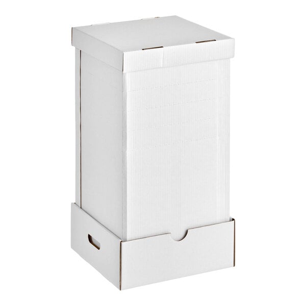 A tall white adjustable cardboard bakery box with a lid and side handles.