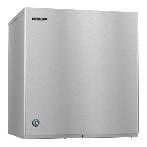 A stainless steel modular crescent cube ice machine by Hoshizaki.