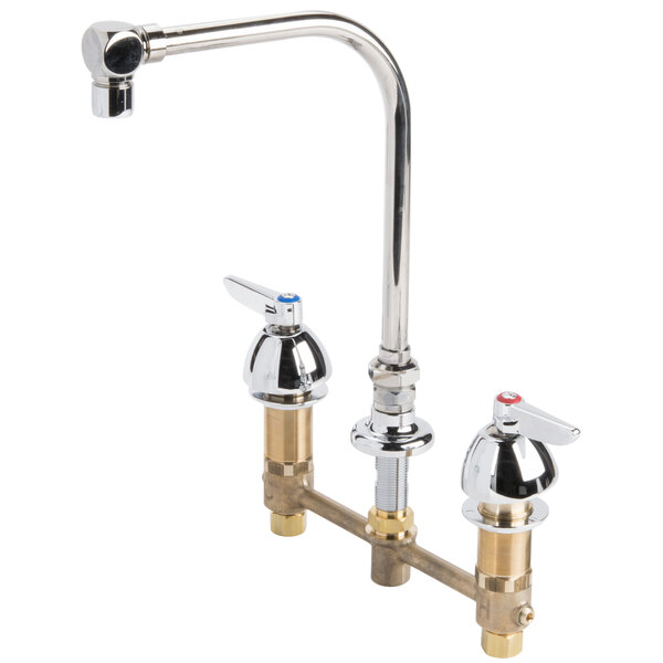 A chrome T&S deck-mount faucet with two levers.