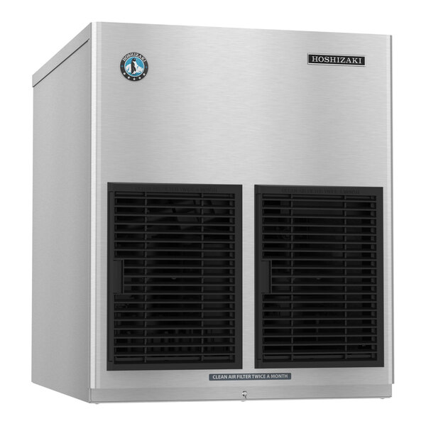 A stainless steel Hoshizaki modular flake ice machine with dual black vents on the front.