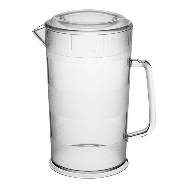 A clear plastic pitcher with a lid and handle, designed for serving beverages.
