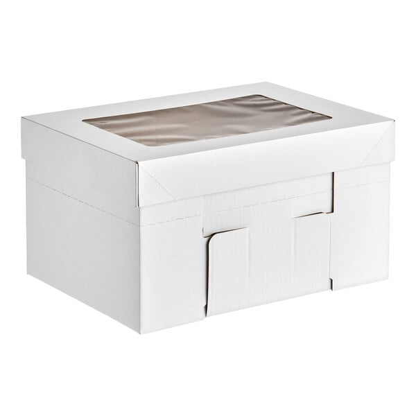 A white adjustable quarter sheet cake or bakery box with a clear window on the lid.