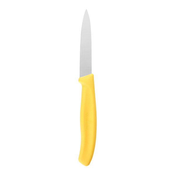 A paring knife with a stainless steel blade and a lemon yellow handle.