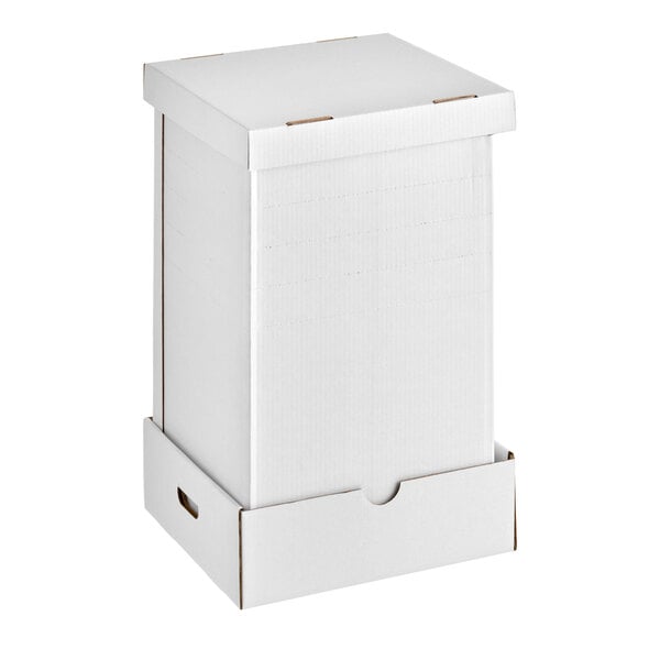 A tall, white, adjustable cardboard bakery box with a lid and side handles.