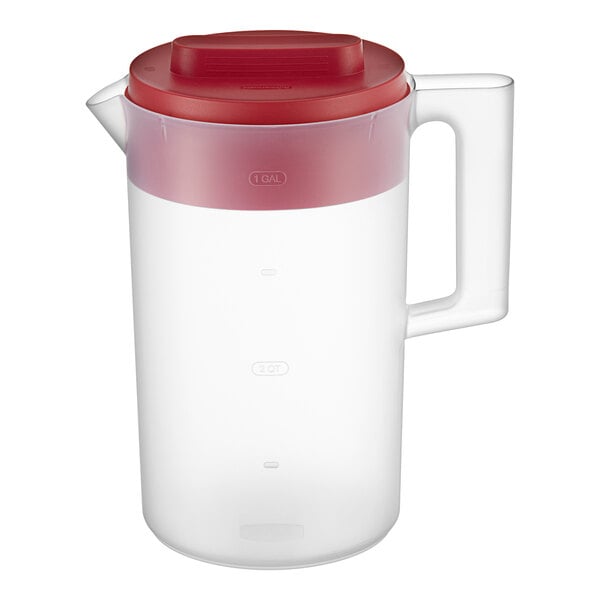 A clear plastic 1-gallon pitcher with a red multifunction lid and handle.