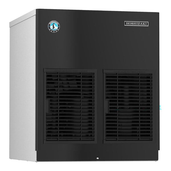 A black and silver Hoshizaki modular cubelet ice machine with a slim-line design and front ventilation grilles.