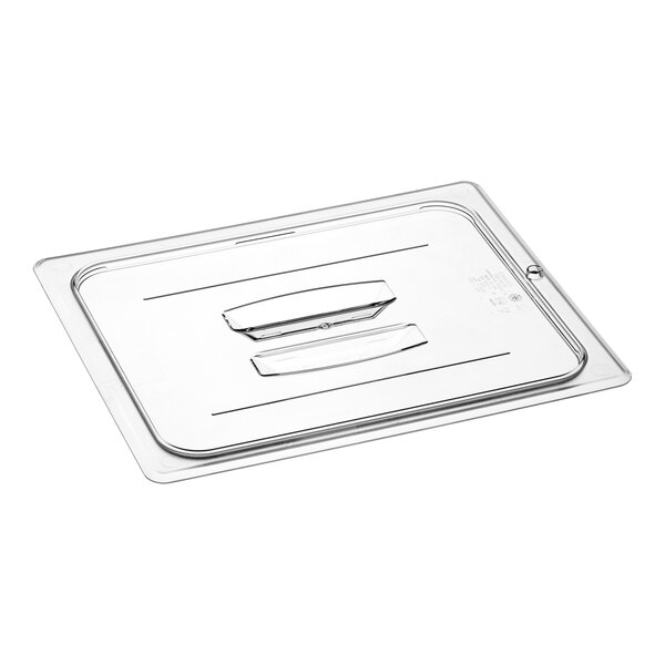A clear polycarbonate handled lid designed for a 1/2 size food pan.