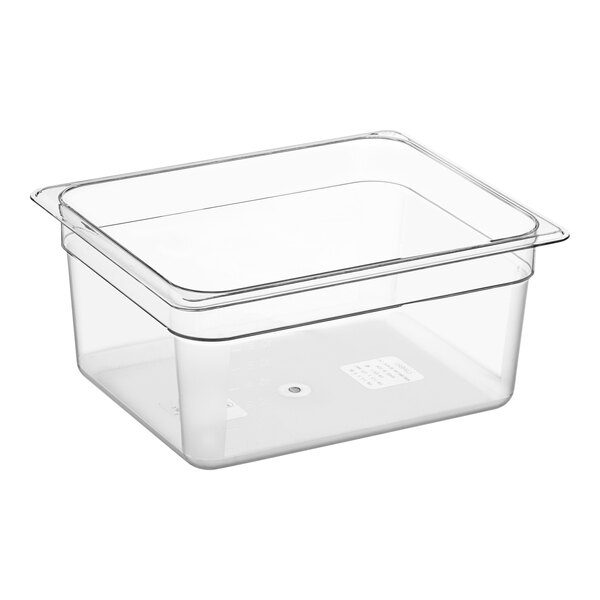 A clear polycarbonate food pan that is 1/2 size and 6 inches deep.