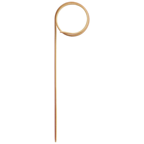 A 3 1/2 inch bamboo food pick with a looped top.