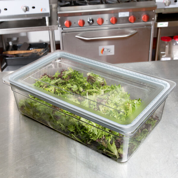 A clear polycarbonate food storage container with a tight-fitting lid, filled with leafy greens.