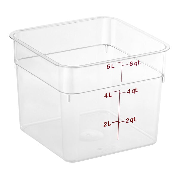 A clear, square plastic container with red measurement markings up to 6 liters or 6 quarts.