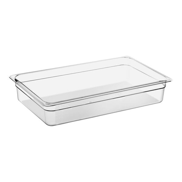 A clear, rectangular, full-size polycarbonate food pan with a 4-inch depth.