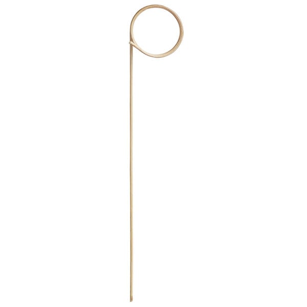 A natural bamboo food pick with a looped top.
