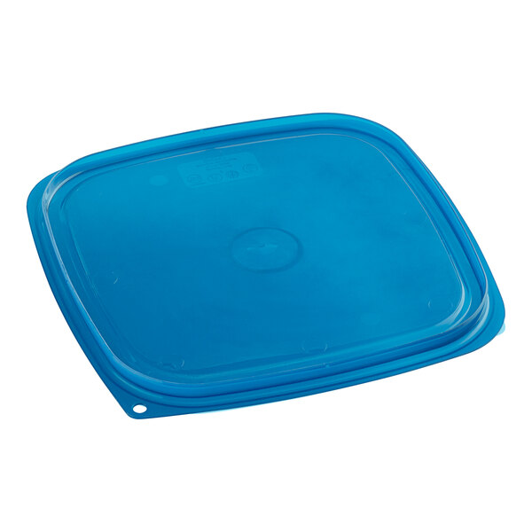 A blue square polypropylene food storage container lid.